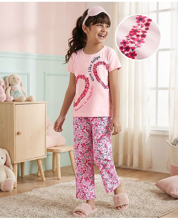 Pine Kids Single Jersey Knit Half Sleeves Top & Pajama Night Suit With Floral Print - Pink