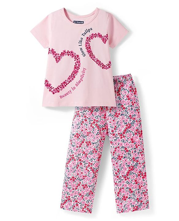 Pine Kids Single Jersey Knit Half Sleeves Top & Pajama Night Suit With Floral Print - Pink