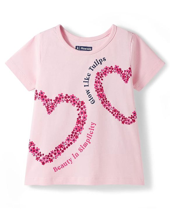 Pine Kids Single Jersey Knit Half Sleeves Top & Pajama Night Suit With Floral Print - Pink