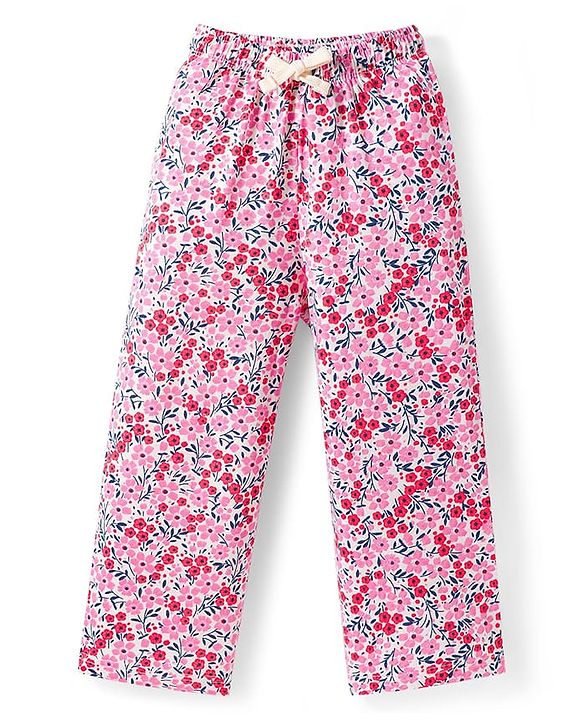 Pine Kids Single Jersey Knit Half Sleeves Top & Pajama Night Suit With Floral Print - Pink