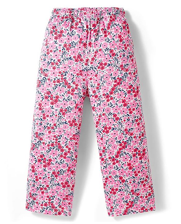 Pine Kids Single Jersey Knit Half Sleeves Top & Pajama Night Suit With Floral Print - Pink