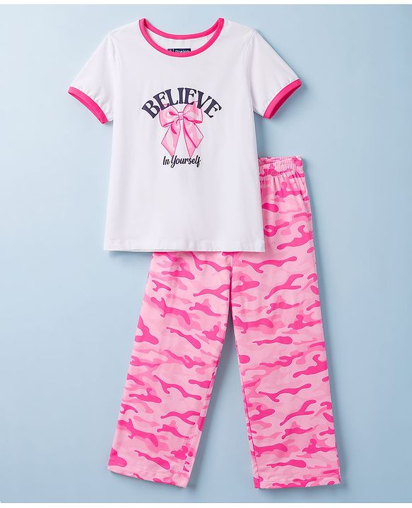Pine Kids Single Jersey Knit Half Sleeves T-Shirt & Pyjama Night Suit with Bow & Camouflage Print - White