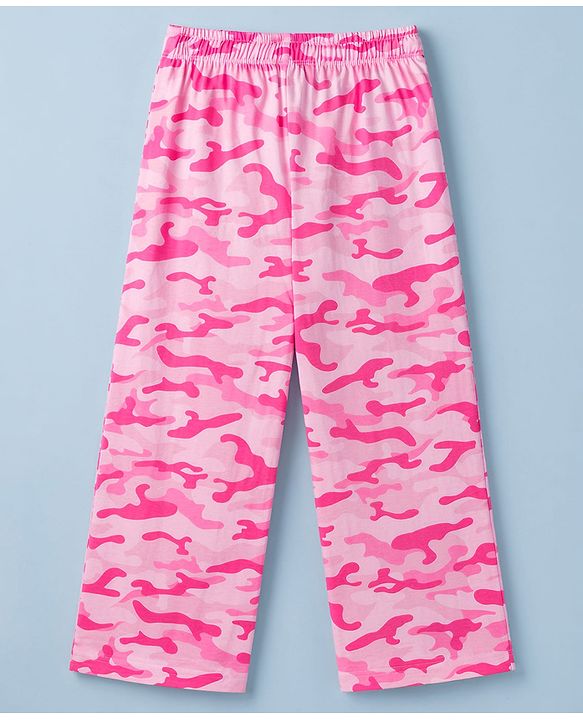 Pine Kids Single Jersey Knit Half Sleeves T-Shirt & Pyjama Night Suit with Bow & Camouflage Print - White