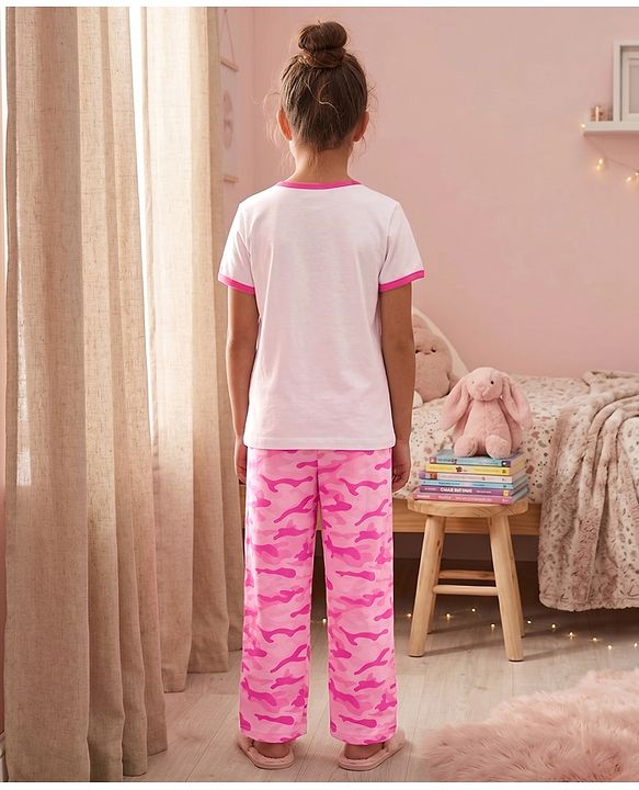 Pine Kids Single Jersey Knit Half Sleeves T-Shirt & Pyjama Night Suit with Bow & Camouflage Print - White