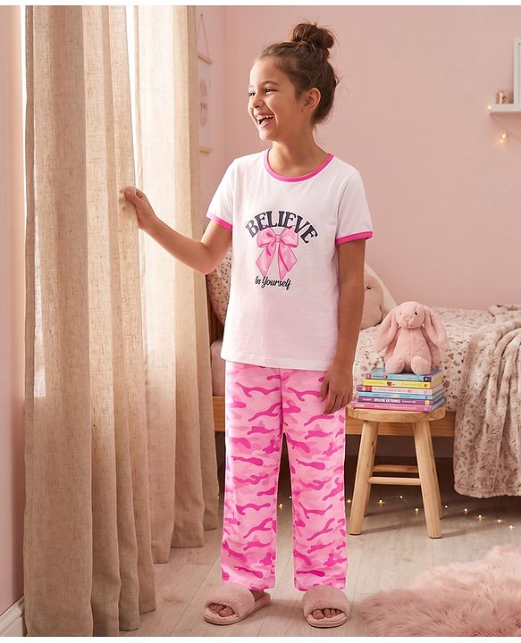 Pine Kids Single Jersey Knit Half Sleeves T-Shirt & Pyjama Night Suit with Bow & Camouflage Print - White