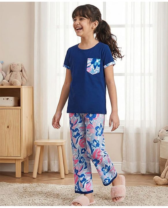 Pine Kids Single Jersey Knit Half Sleeves T-Shirt & Pajama Night Suit With Floral Print - Navy Blue