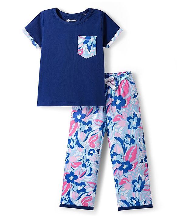 Pine Kids Single Jersey Knit Half Sleeves T-Shirt & Pajama Night Suit With Floral Print - Navy Blue