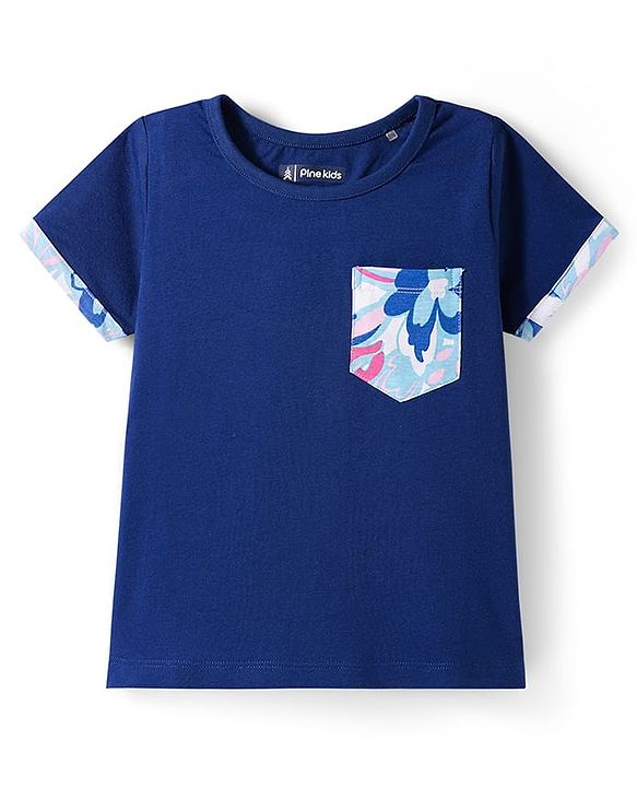 Pine Kids Single Jersey Knit Half Sleeves T-Shirt & Pajama Night Suit With Floral Print - Navy Blue