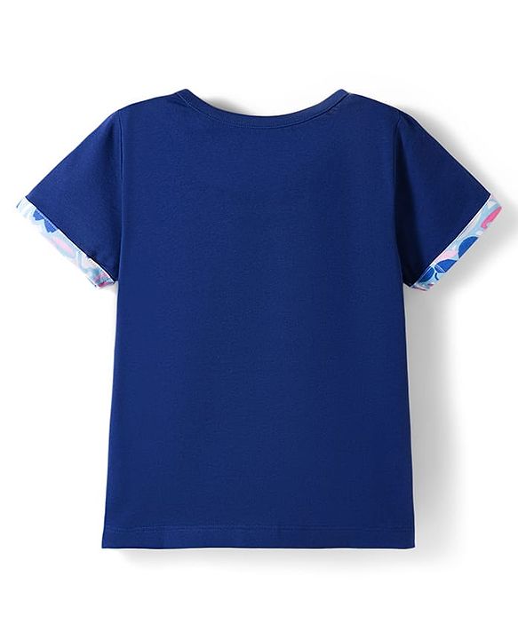 Pine Kids Single Jersey Knit Half Sleeves T-Shirt & Pajama Night Suit With Floral Print - Navy Blue