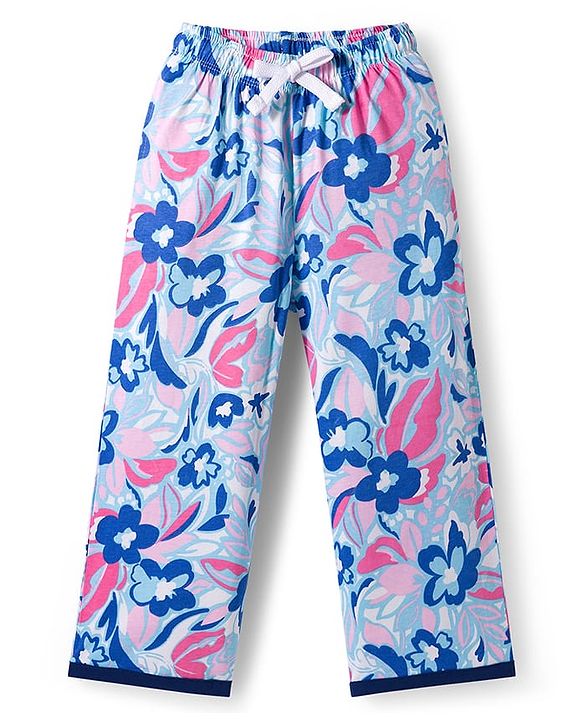 Pine Kids Single Jersey Knit Half Sleeves T-Shirt & Pajama Night Suit With Floral Print - Navy Blue
