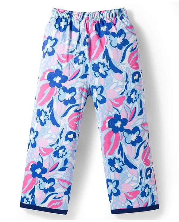 Pine Kids Single Jersey Knit Half Sleeves T-Shirt & Pajama Night Suit With Floral Print - Navy Blue