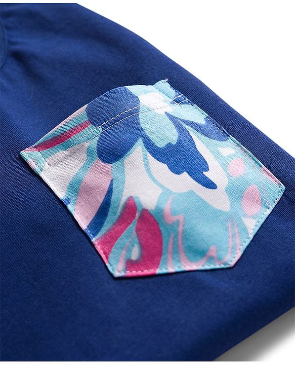 Pine Kids Single Jersey Knit Half Sleeves T-Shirt & Pajama Night Suit With Floral Print - Navy Blue
