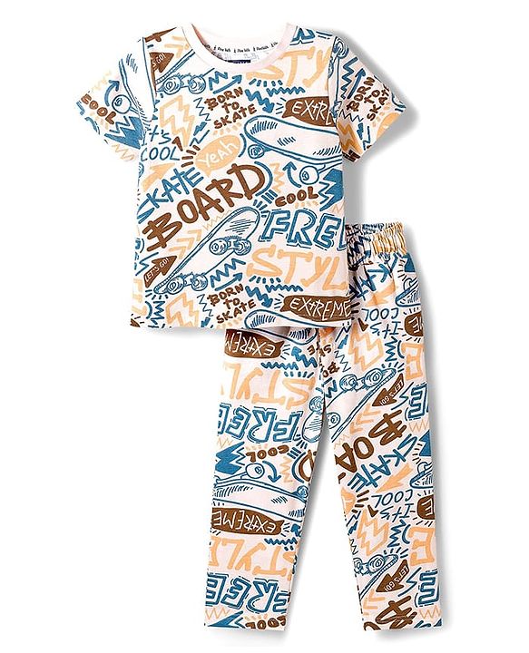 Pine Kids Cotton Knit Half Sleeves T-Shirt & Pyjama Co-ord Night Suit With Graffiti Print - White