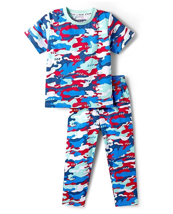 Pine Kids Cotton Knit Half Sleeves T-Shirt & Pyjama Co-ord Night Suit With Camouflage Print - White