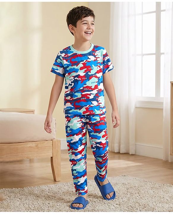 Pine Kids Cotton Knit Half Sleeves T-Shirt & Pyjama Co-ord Night Suit With Camouflage Print - White