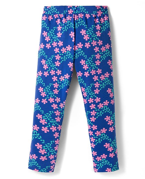 Pine Kids Cotton Lycra Knit Leggings with Floral Print Pack of 2 - Navy Blue & Pink
