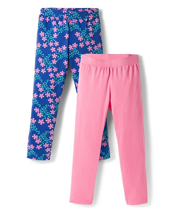Pine Kids Cotton Lycra Knit Leggings with Floral Print Pack of 2 - Navy Blue & Pink