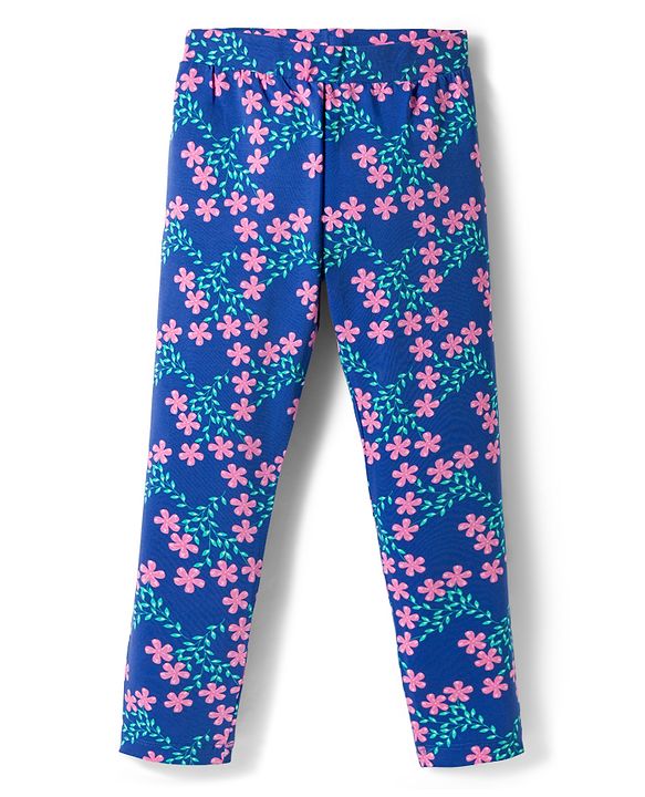 Pine Kids Cotton Lycra Knit Leggings with Floral Print Pack of 2 - Navy Blue & Pink