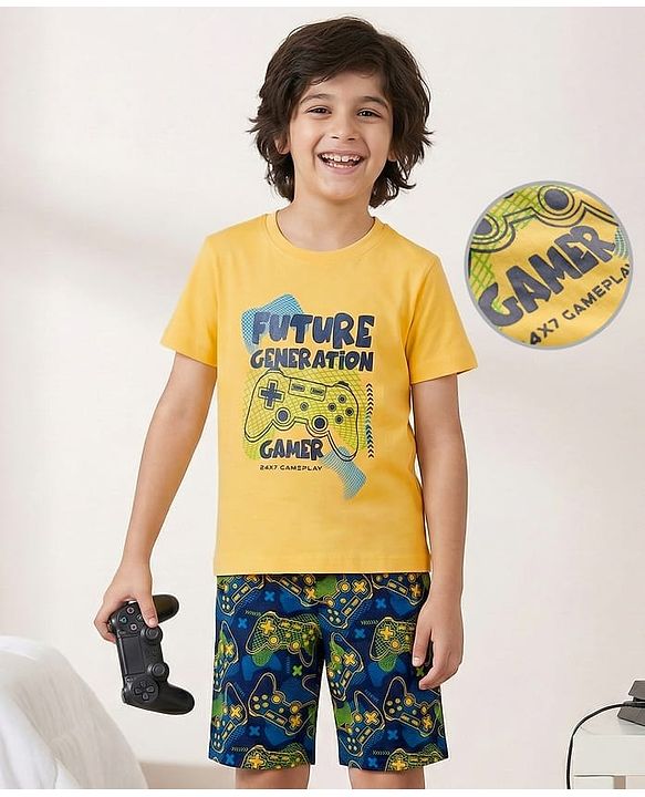 Pine Kids Cotton Knit Half Sleeves Shorts Night Suit With Text Print - Yellow