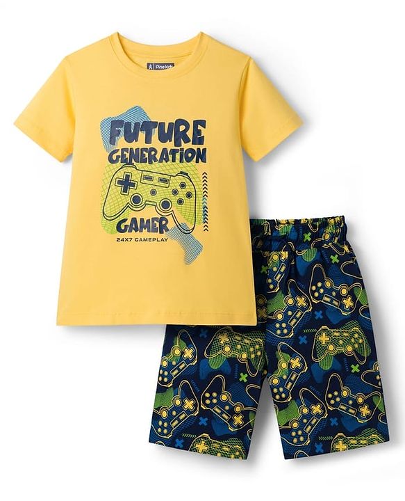 Pine Kids Cotton Knit Half Sleeves Shorts Night Suit With Text Print - Yellow