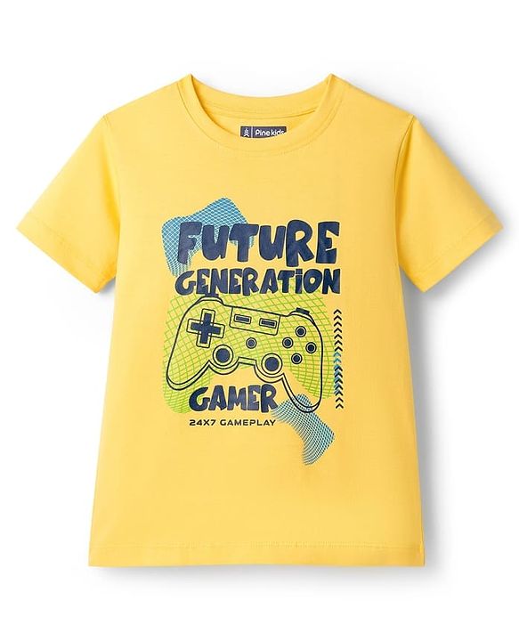 Pine Kids Cotton Knit Half Sleeves Shorts Night Suit With Text Print - Yellow