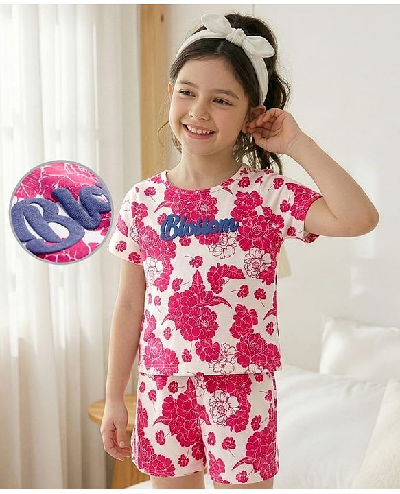 Pine Kids Cotton Knit Half Sleeves Shorts Night Suit With Floral Print - White & Red
