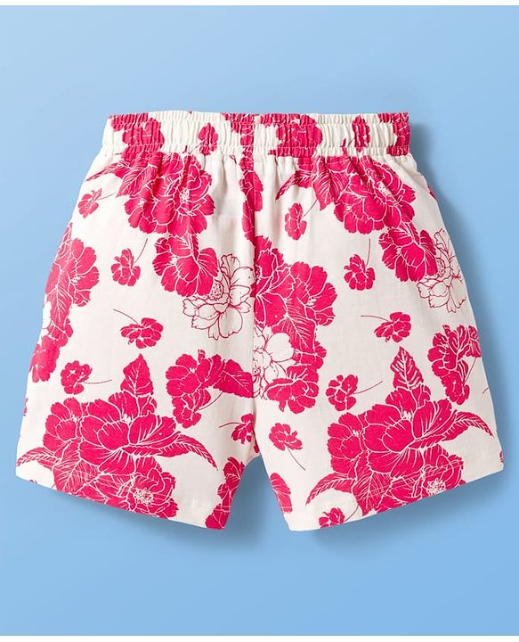 Pine Kids Cotton Knit Half Sleeves Shorts Night Suit With Floral Print - White & Red