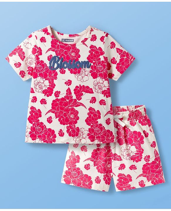 Pine Kids Cotton Knit Half Sleeves Shorts Night Suit With Floral Print - White & Red