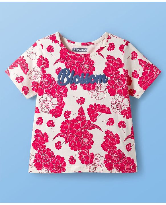 Pine Kids Cotton Knit Half Sleeves Shorts Night Suit With Floral Print - White & Red