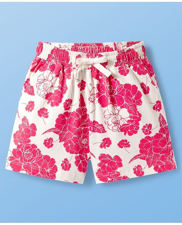 Pine Kids Cotton Knit Half Sleeves Shorts Night Suit With Floral Print - White & Red