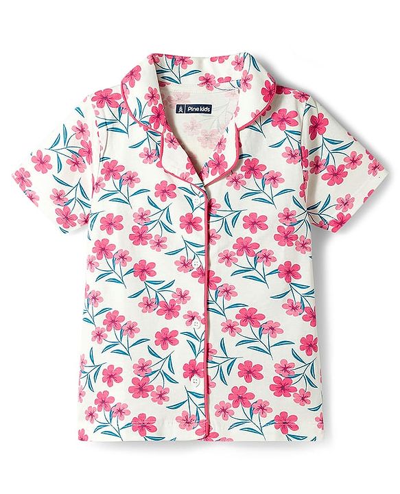 Pine Kids Cotton Knit Half Sleeves Shirt & Capri Night Suit With Floral Print - White