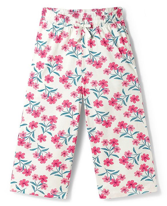 Pine Kids Cotton Knit Half Sleeves Shirt & Capri Night Suit With Floral Print - White