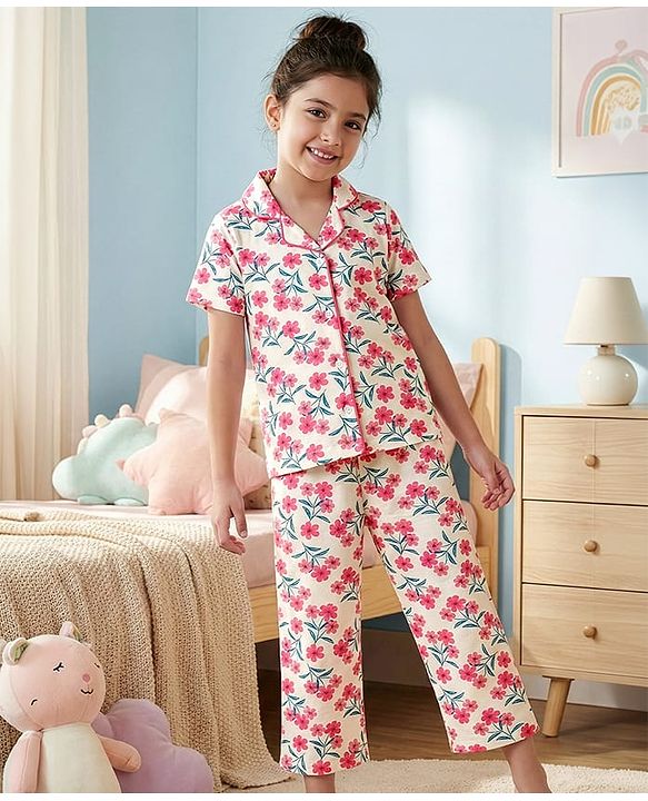 Pine Kids Cotton Knit Half Sleeves Shirt & Capri Night Suit With Floral Print - White