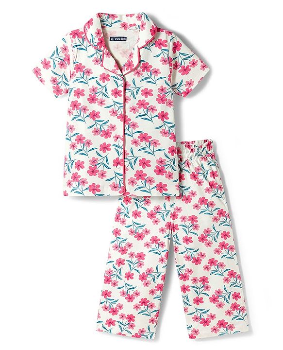 Pine Kids Cotton Knit Half Sleeves Shirt & Capri Night Suit With Floral Print - White