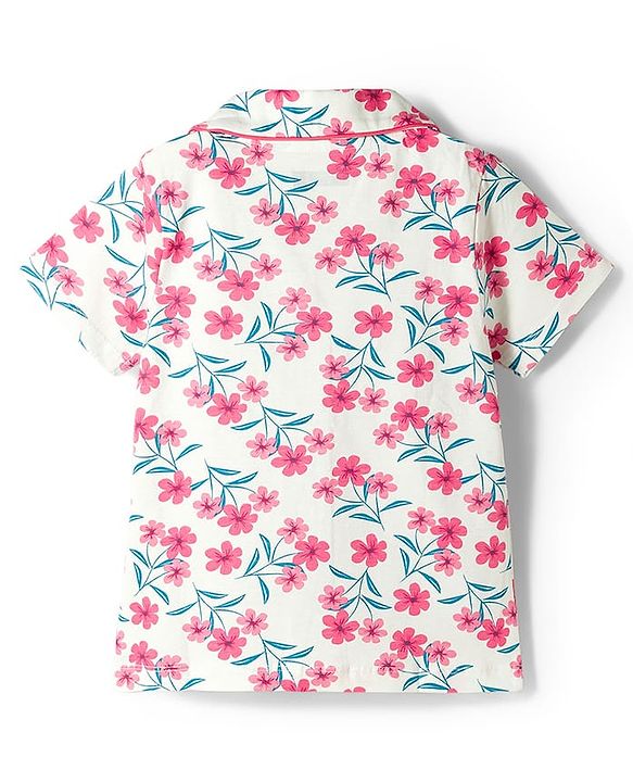 Pine Kids Cotton Knit Half Sleeves Shirt & Capri Night Suit With Floral Print - White