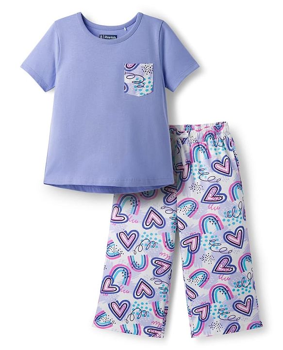 Pine Kids Cotton Knit Half Sleeves Capri Night Suit With Heart Print - Lavender
