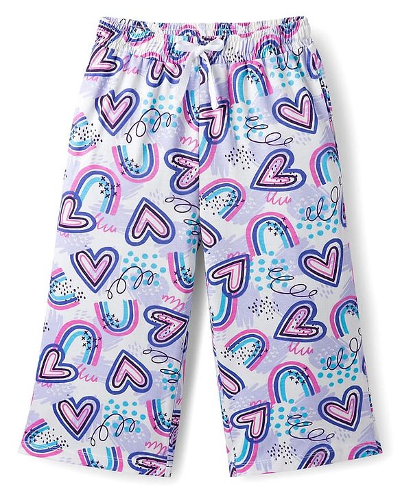Pine Kids Cotton Knit Half Sleeves Capri Night Suit With Heart Print - Lavender