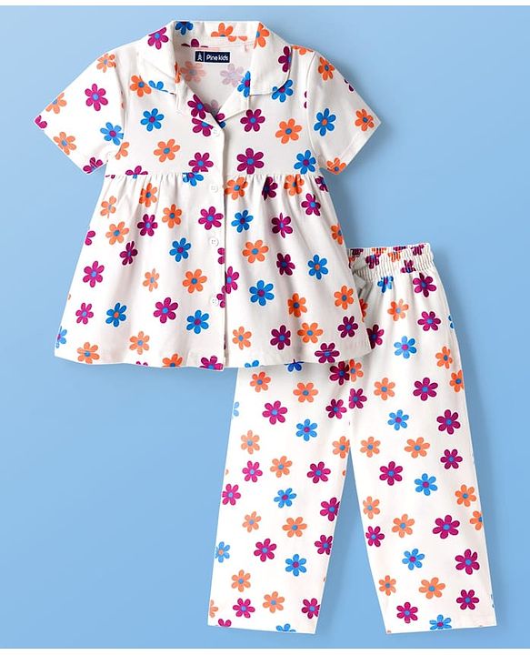 Pine Kids Cotton Knit Half Sleeves T-Shirt & Capri Night Suit With Floral Print - White