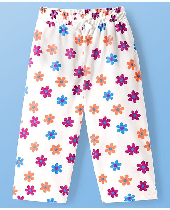 Pine Kids Cotton Knit Half Sleeves T-Shirt & Capri Night Suit With Floral Print - White