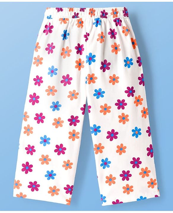 Pine Kids Cotton Knit Half Sleeves T-Shirt & Capri Night Suit With Floral Print - White