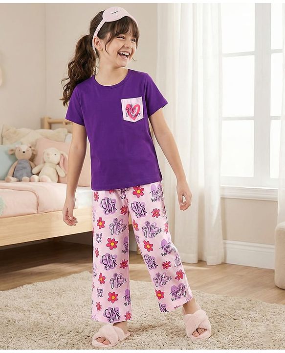 Pine Kids Cotton Knit Half Sleeves Capri Night suit With Floral Print - Lavender