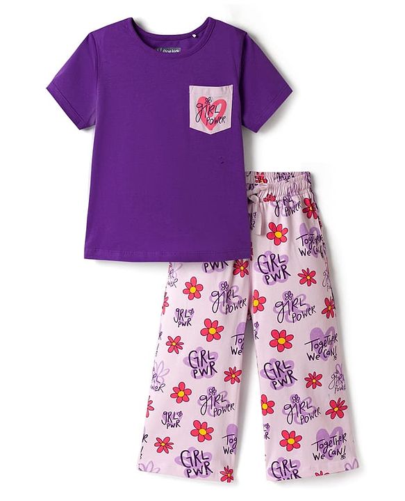 Pine Kids Cotton Knit Half Sleeves Capri Night suit With Floral Print - Lavender