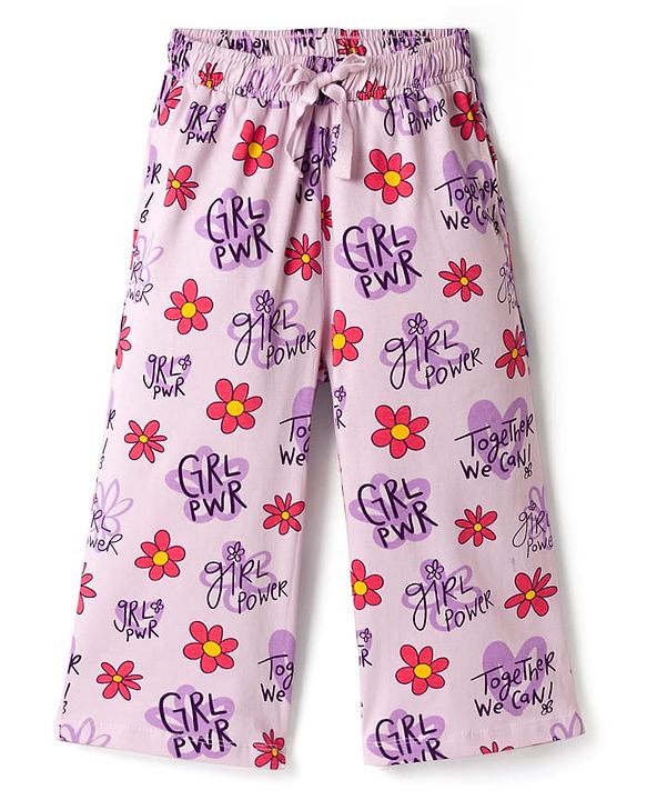 Pine Kids Cotton Knit Half Sleeves Capri Night suit With Floral Print - Lavender