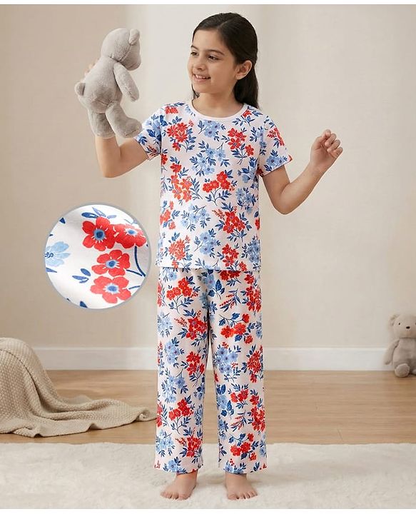 Pine Kids Cotton Knit Half Sleeves Co-Ord Capri Night Suit with Floral Print - White
