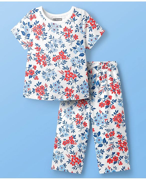 Pine Kids Cotton Knit Half Sleeves Co-Ord Capri Night Suit with Floral Print - White