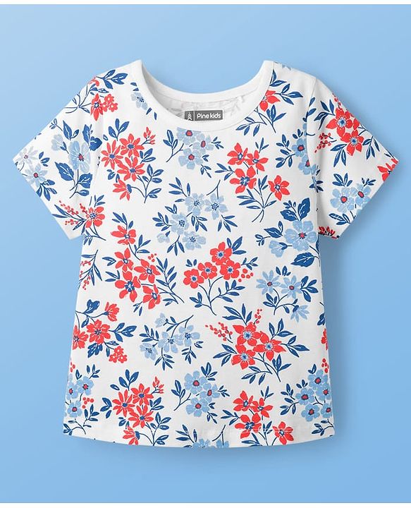 Pine Kids Cotton Knit Half Sleeves Co-Ord Capri Night Suit with Floral Print - White
