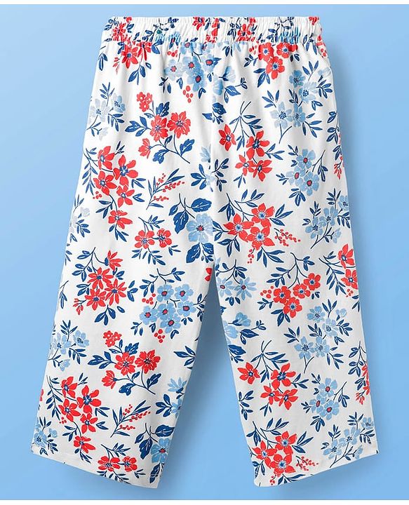 Pine Kids Cotton Knit Half Sleeves Co-Ord Capri Night Suit with Floral Print - White