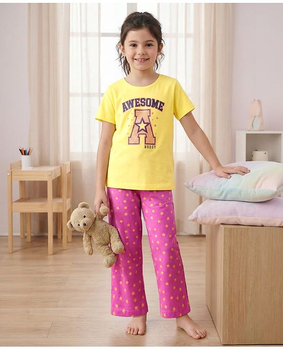 Pine Kids Cotton Knit Half Sleeves Capri Night Suit With Text Print - Lemon