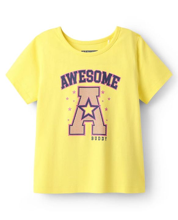 Pine Kids Cotton Knit Half Sleeves Capri Night Suit With Text Print - Lemon