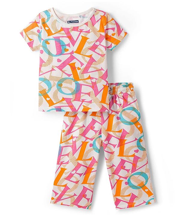 Pine Kids Cotton Knit Half Sleeves Co-ords Capri Night Suit With Text Print - White